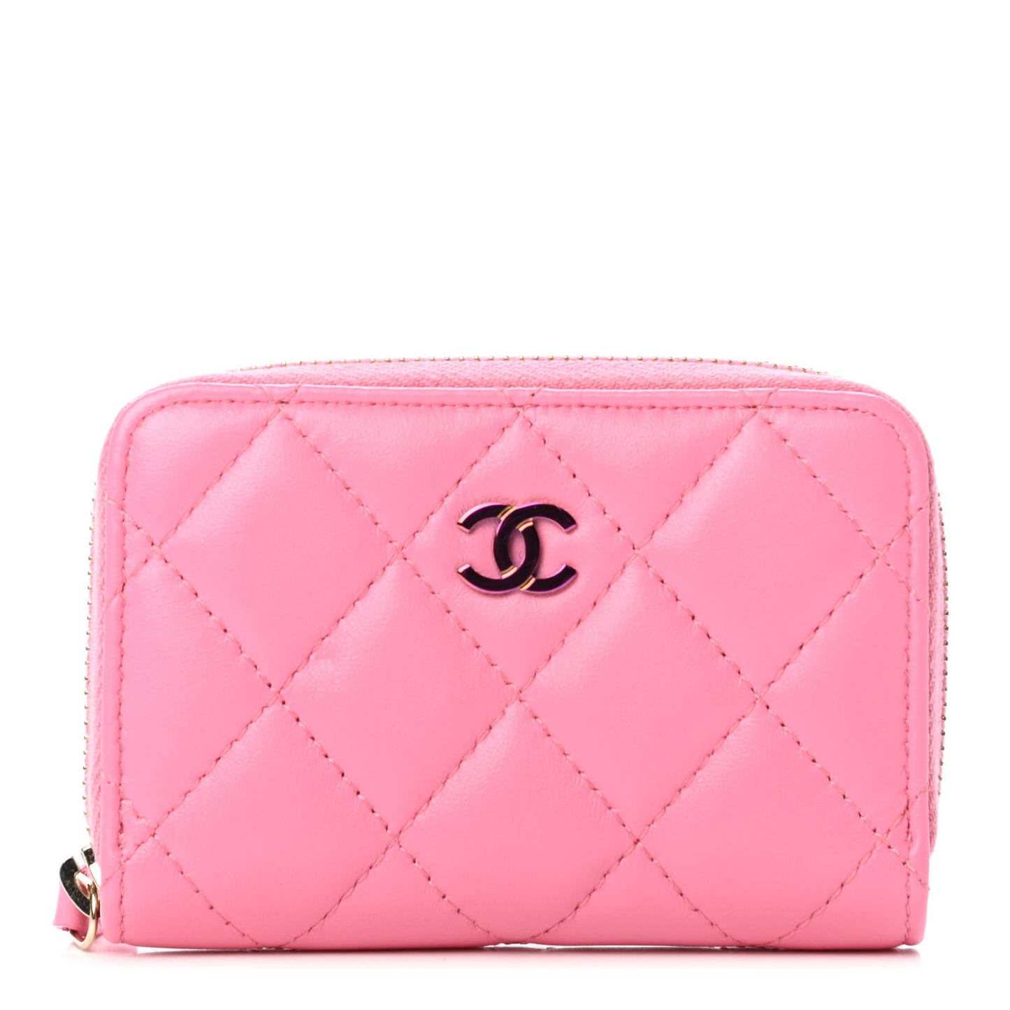 Lambskin Quilted Zip Around Coin Purse Wallet Pink Yellow
