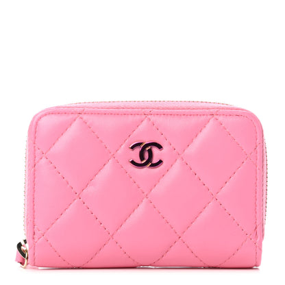 Chanel Lambskin Quilted Zip Around Coin Purse Wallet Pink Yellow 1 of 4