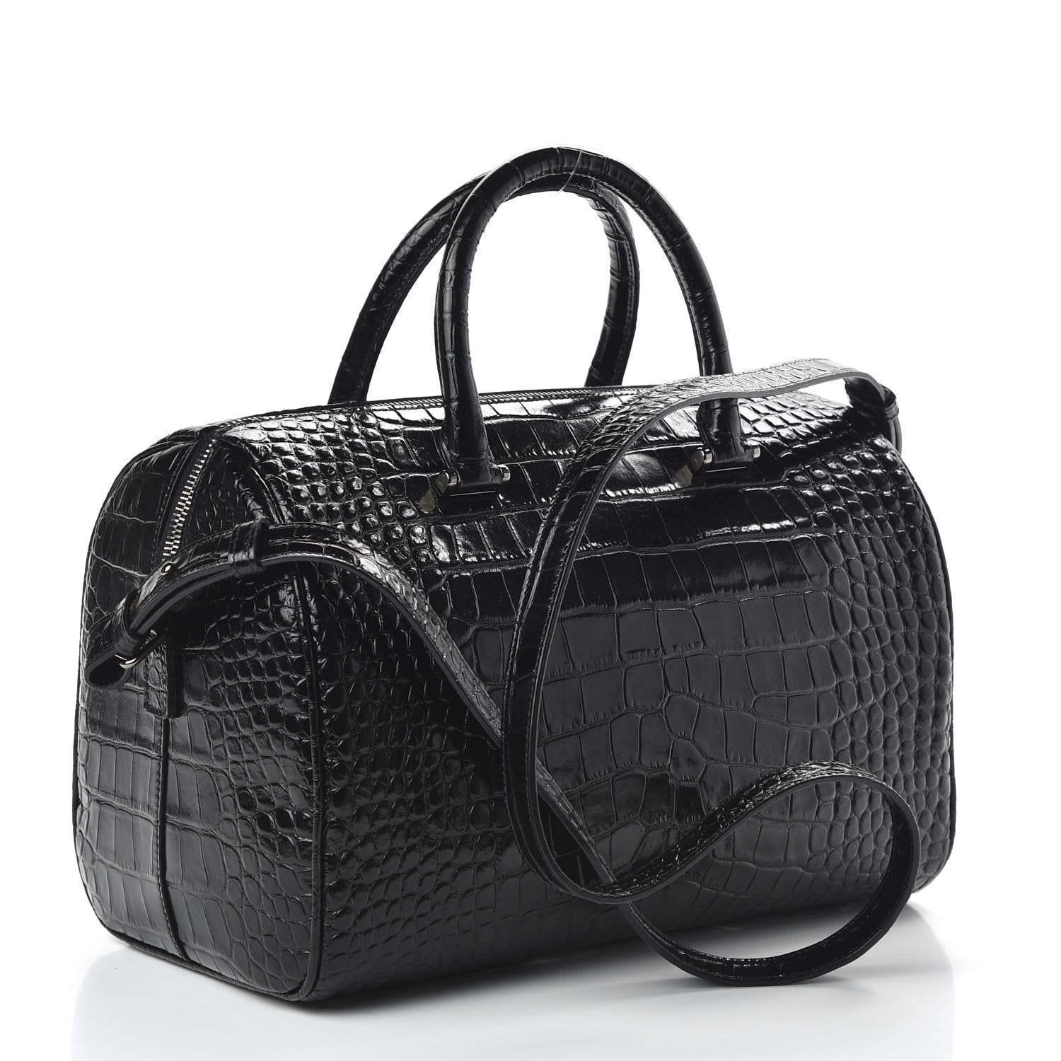 Saint Laurent Calfskin Crocodile Embossed Duffle Bag Black 3 of 9