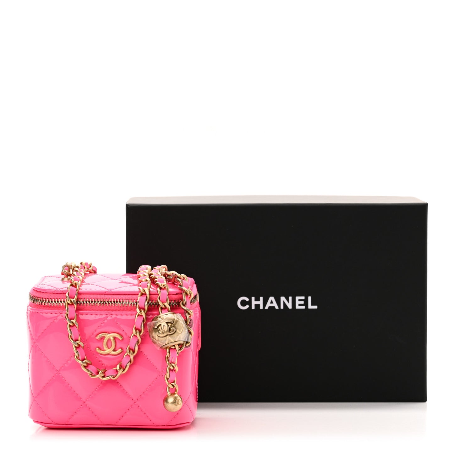 Patent Quilted Pearl Crush Mini Vanity Case With Chain Neon Pink