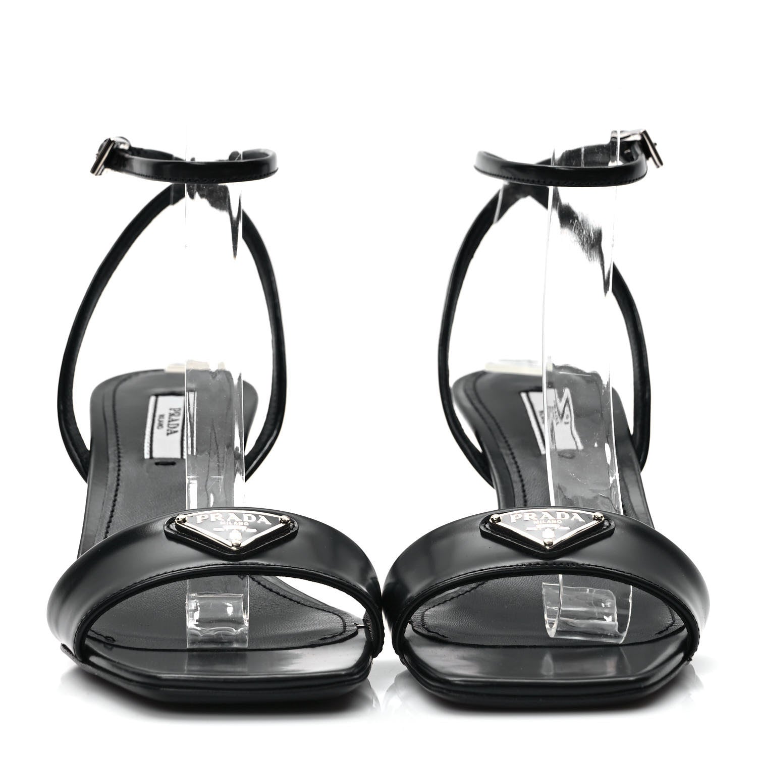 Prada Spazzolato Metal Triangle Logo Ankle Strap 55mm Sandals 37 Black 2 of 8
