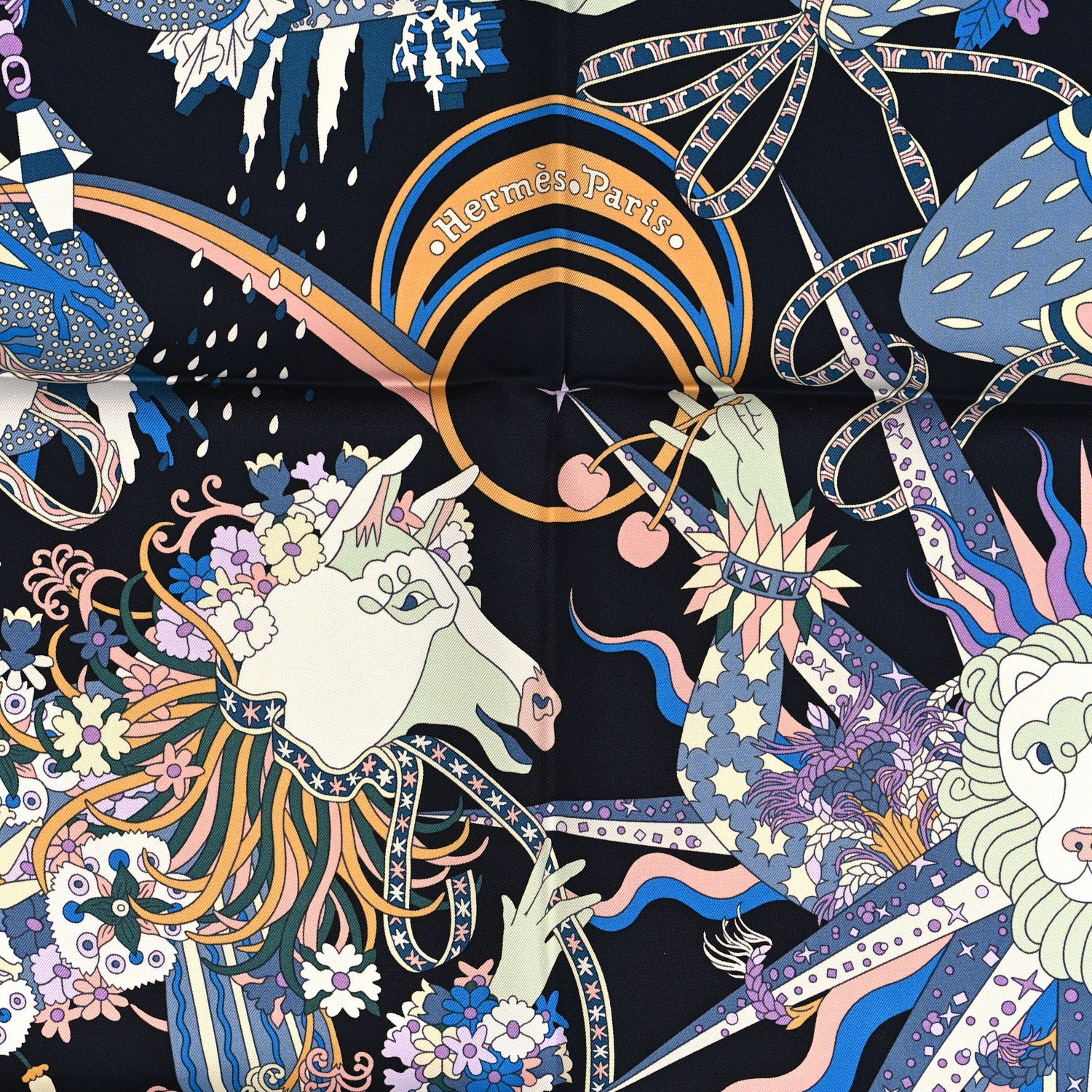 Hermes Silk Le Sacre Des Saisons Scarf 90 Bleu Noir Ciel Rose 2 of 5