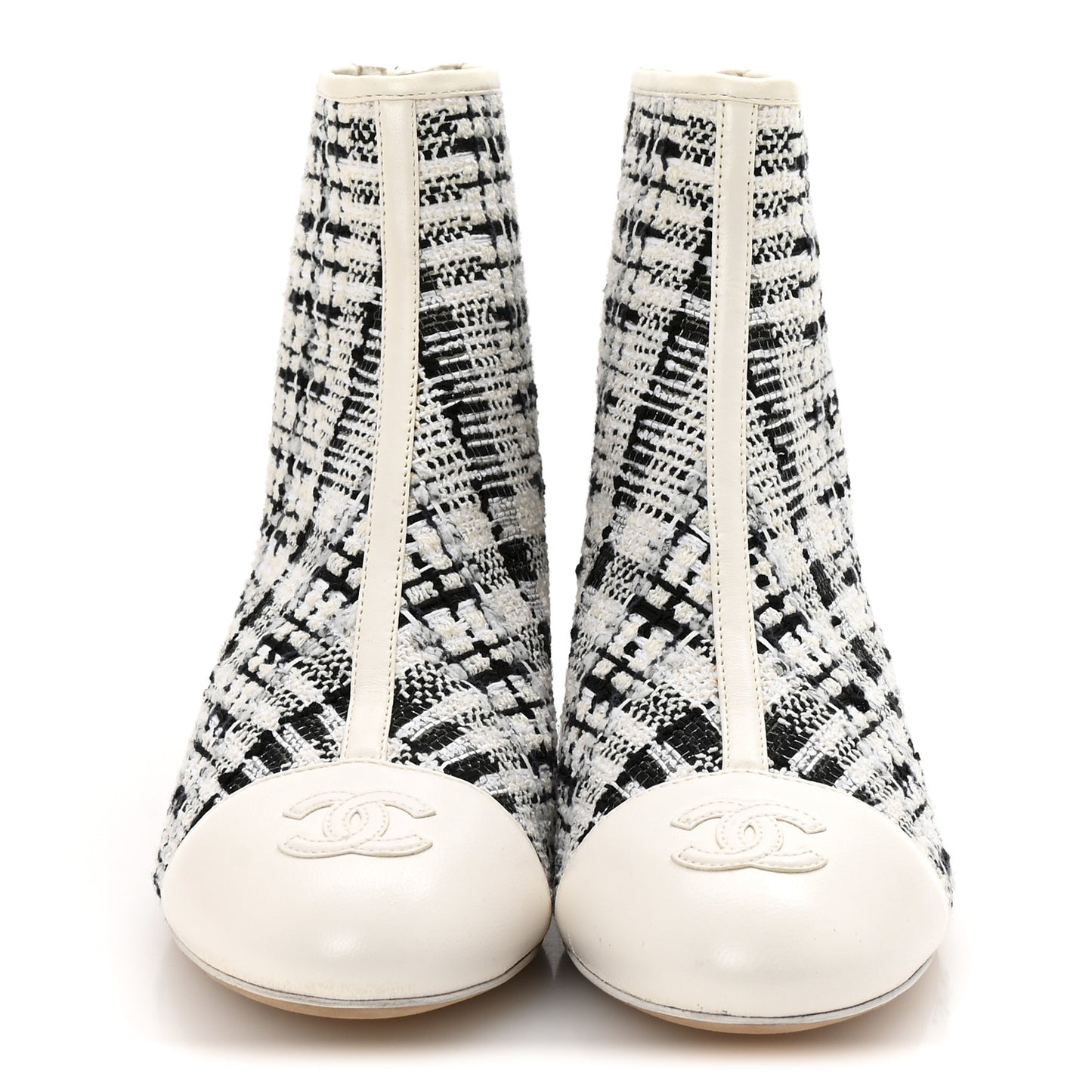 Tweed Lambskin Cap Toe CC Short Boots 35.5 White Black