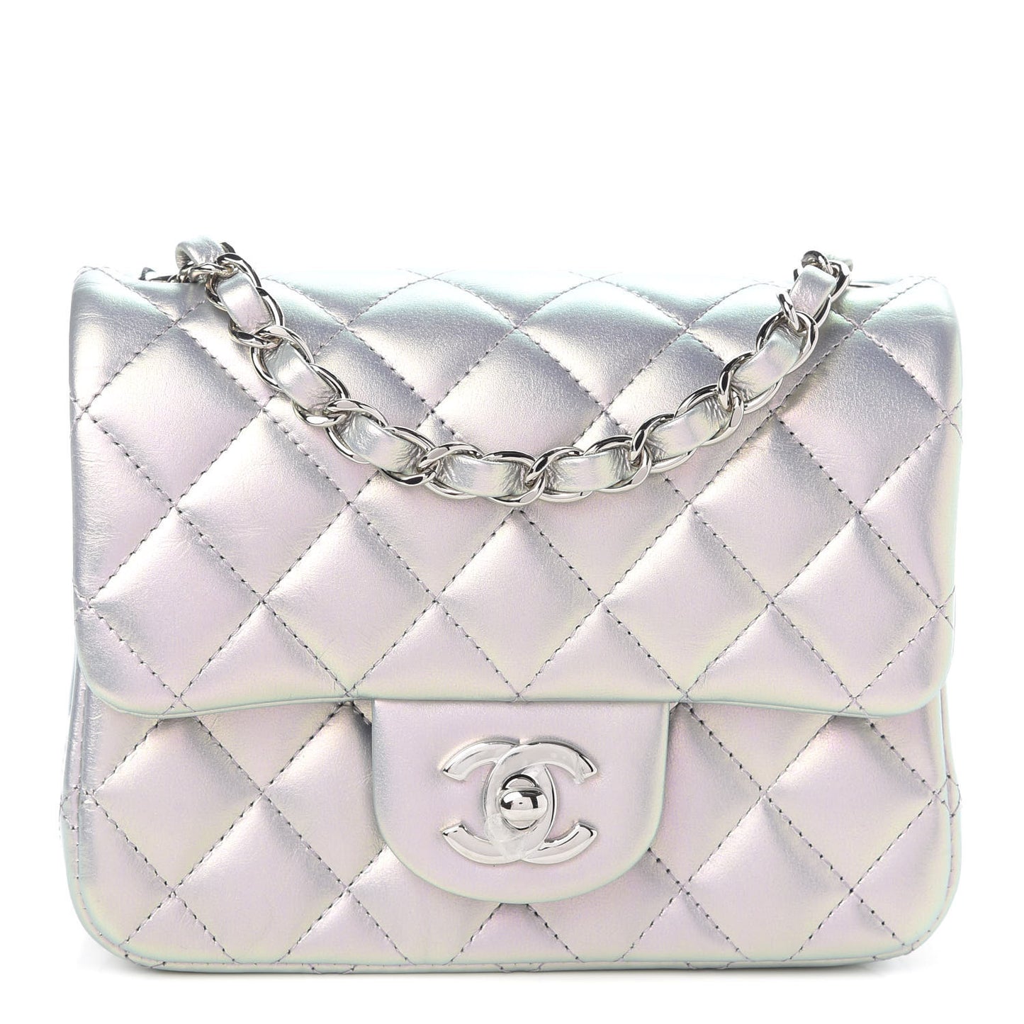 Iridescent Calfskin Quilted Mini Square Flap Light Purple