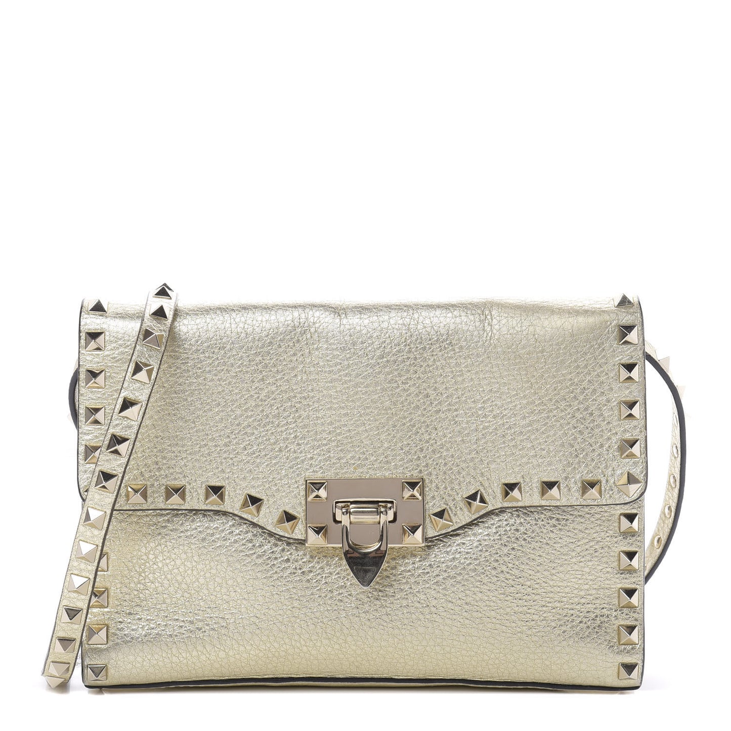Metallic Pebbled Calfskin Medium Rockstud Flip Lock Crossbody Bag Platino