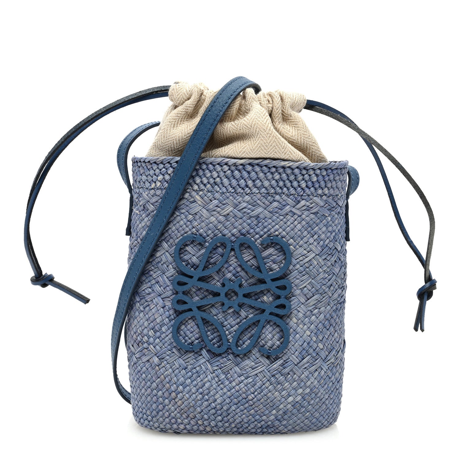 Loewe Iraca Palm Calfskin Anagram Square Pocket Bucket Bag Natural Denim Blue 1 of 11