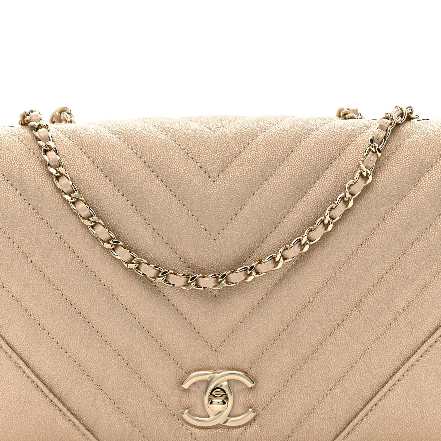 Metallic Caviar Chevron Quilted Medium Statement Flap Beige