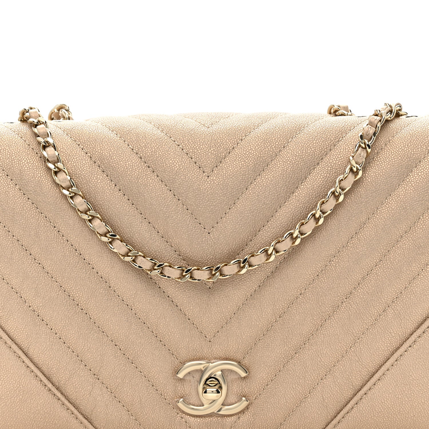 Chanel Metallic Caviar Chevron Quilted Medium Statement Flap Beige 8 of 11