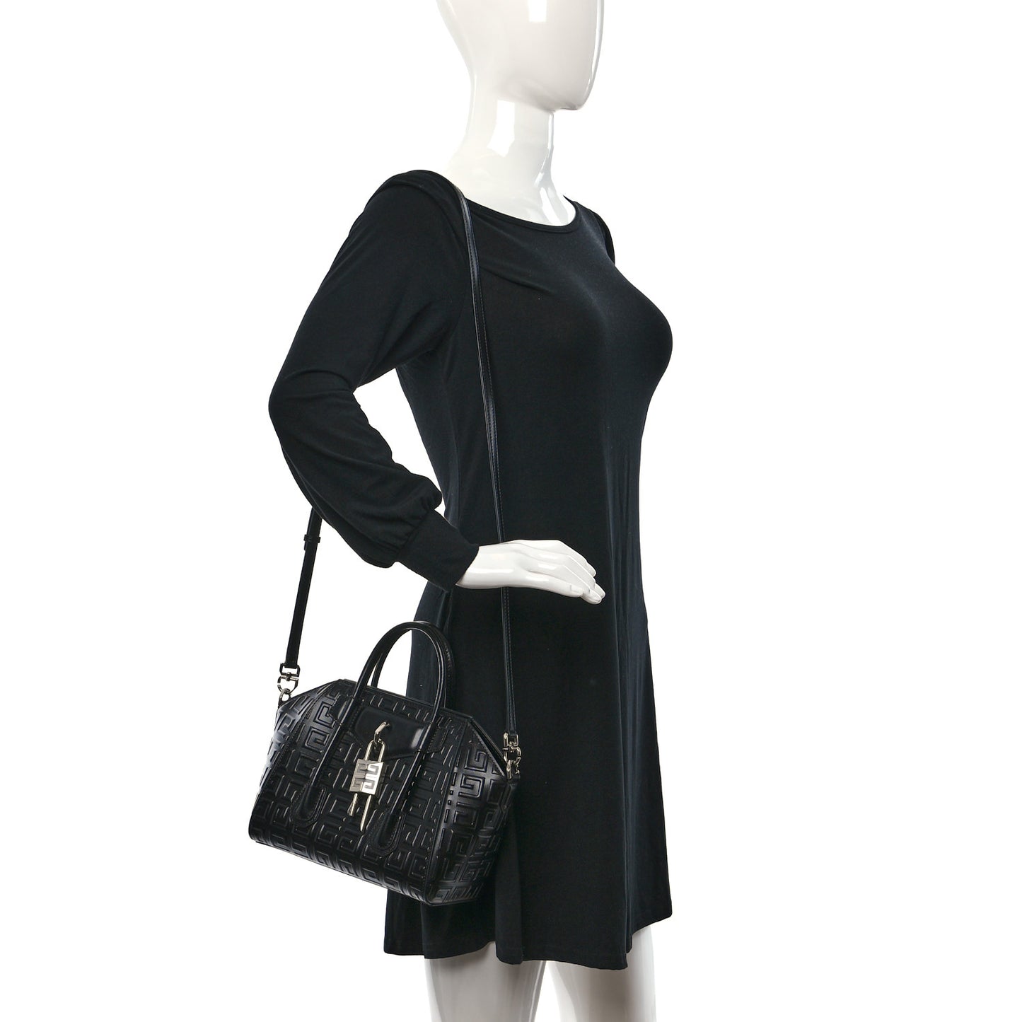 Calfskin Logo Embossed Mini Lock Antigona Shoulder Bag Black