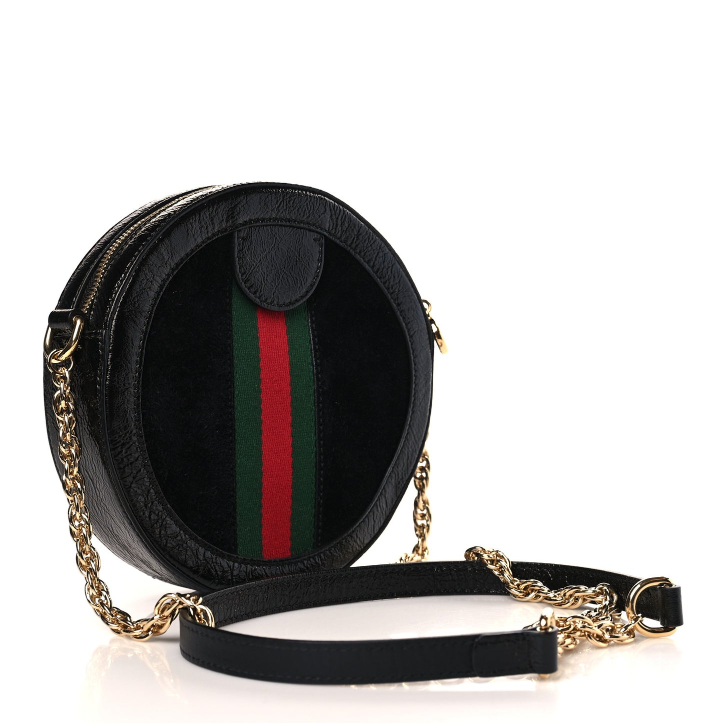 Suede Patent Web Mini Ophidia Round Shoulder Bag Black