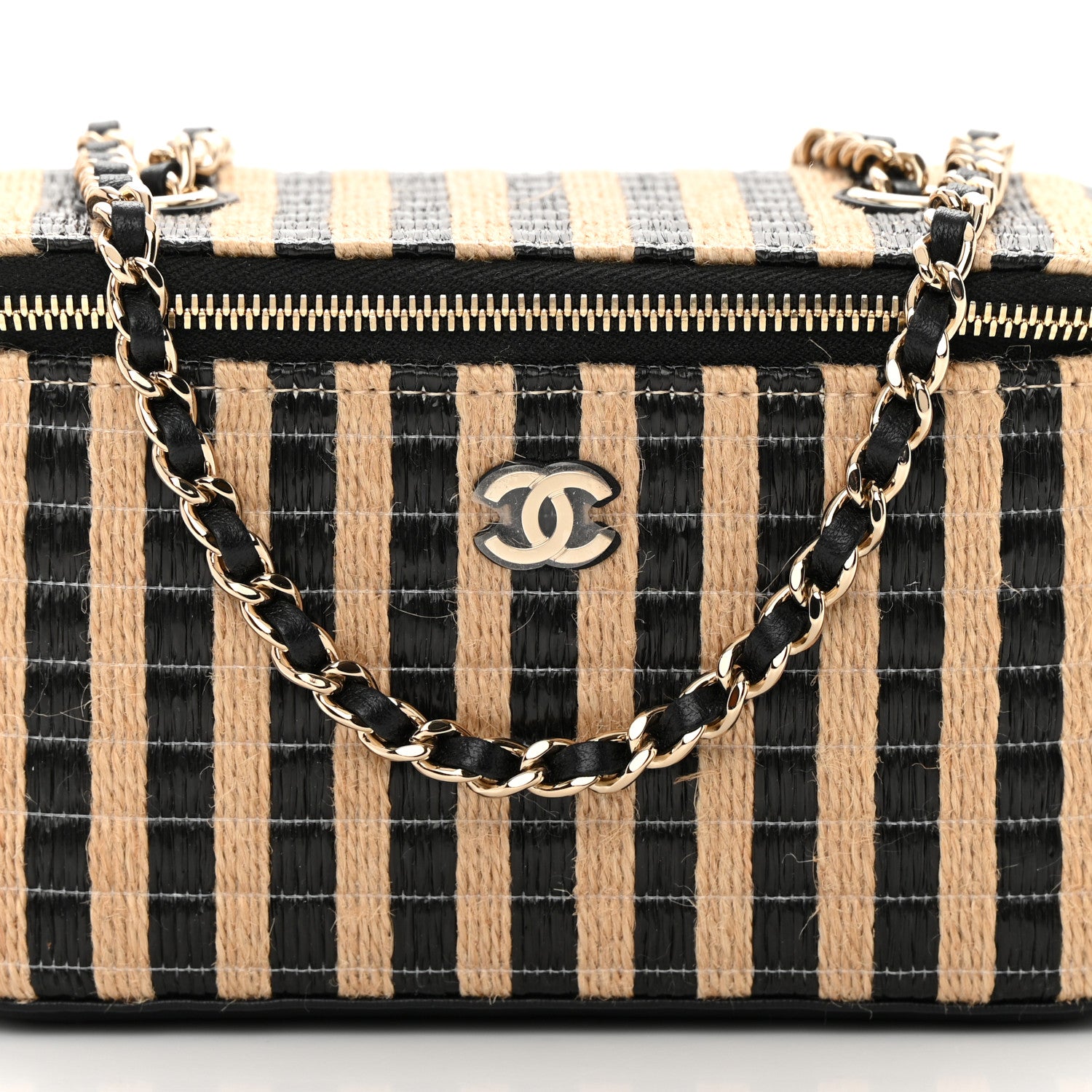 Chanel Raffia Jute Striped Small Vanity Case With Chain Black Beige 8 of 11