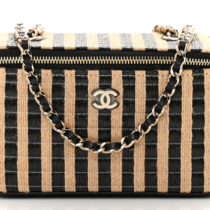 Chanel Raffia Jute Striped Small Vanity Case With Chain Black Beige 8 of 11