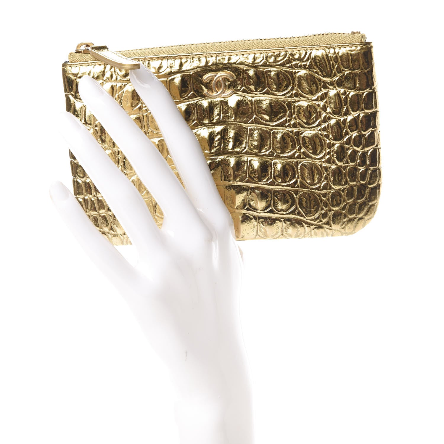Chanel Metallic Calfskin Crocodile Embossed Cocodile Cosmetic Case Gold 2 of 8