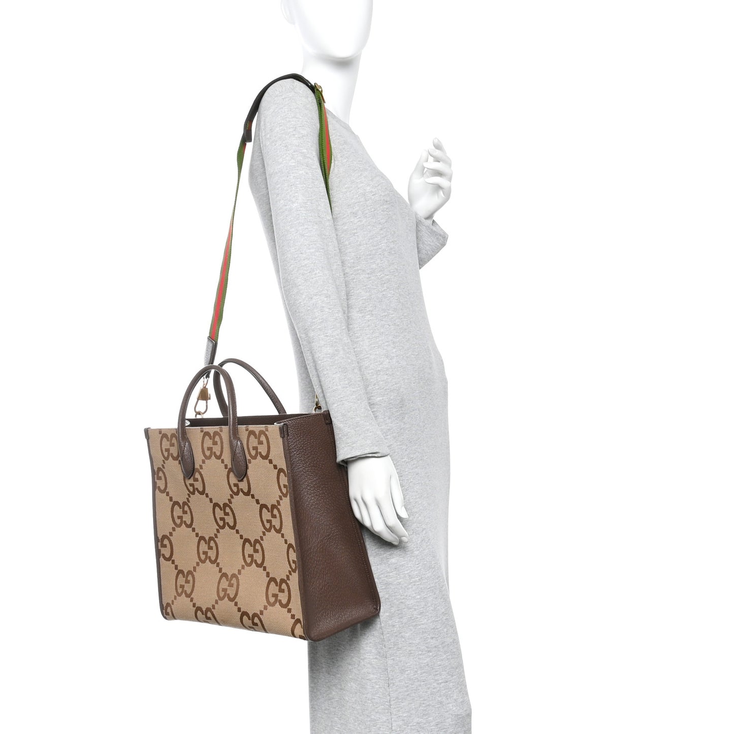 Monogram Jumbo GG Textured Dollar Calfskin Web Tote Bag Camel Ebony New Acero