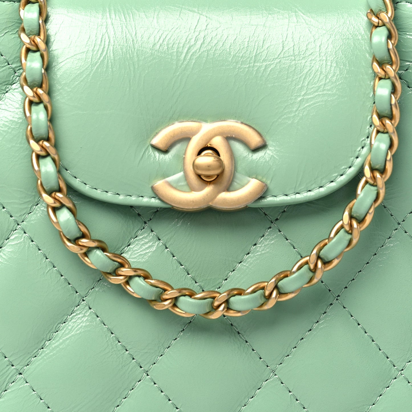 Shiny Aged Calfskin Quilted Nano Kelly Shopper Light Green
