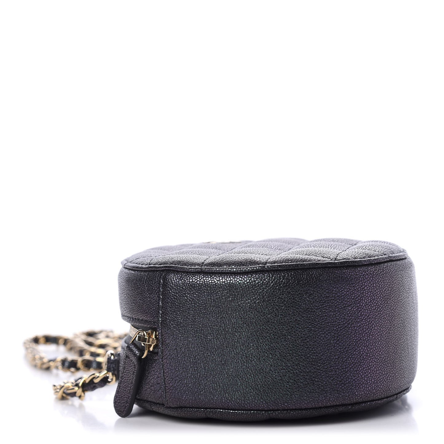Iridescent Caviar Quilted Round Clutch With Chain Black