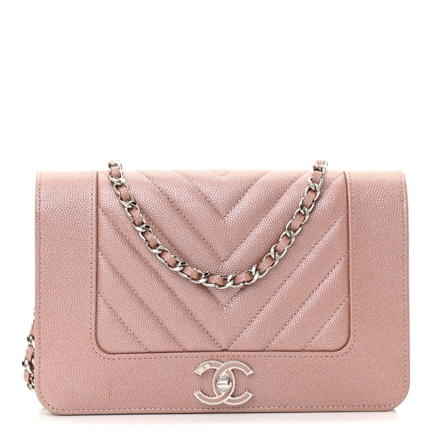 Metallic Caviar Chevron Quilted Vintage Mademoiselle Wallet On Chain WOC Pink