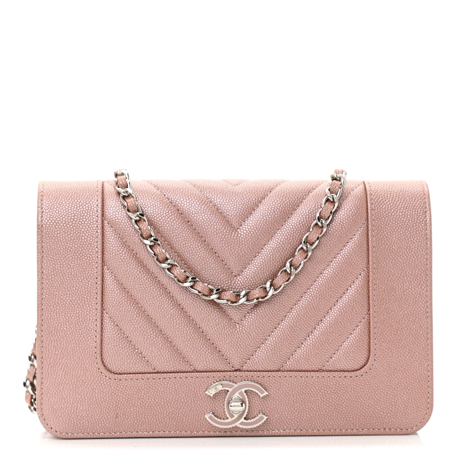 Chanel Metallic Caviar Chevron Quilted Vintage Mademoiselle Wallet On Chain WOC Pink 1 of 9