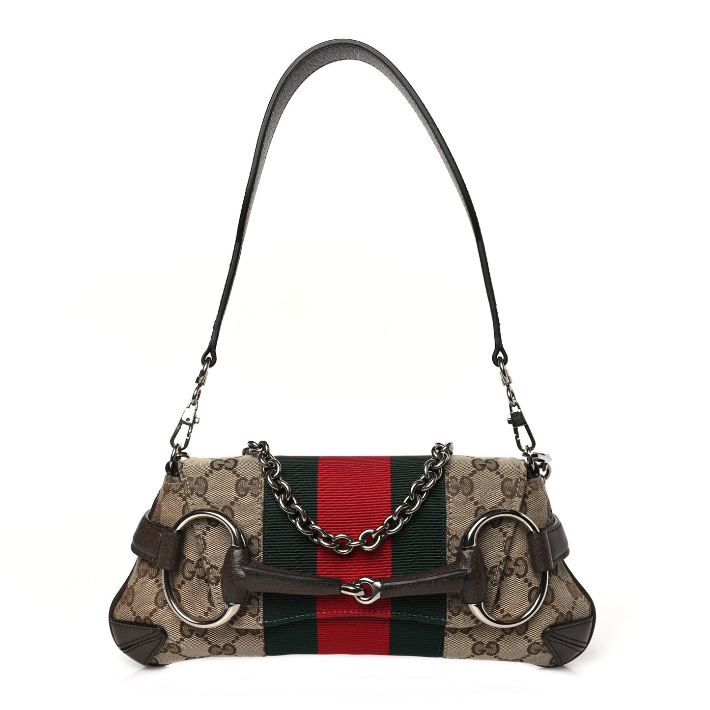 Monogram Textured Dollar Calfskin Heavy Grosgrain Web Small Maxi Horsebit Chain Shoulder Bag Beige Ebony New Acero