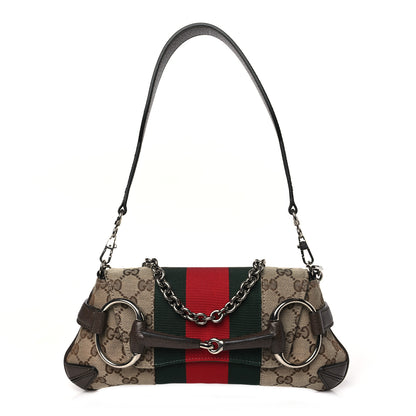 Gucci Monogram Textured Dollar Calfskin Heavy Grosgrain Web Small Maxi Horsebit Chain Shoulder Bag Beige Ebony New Acero 1 of 10