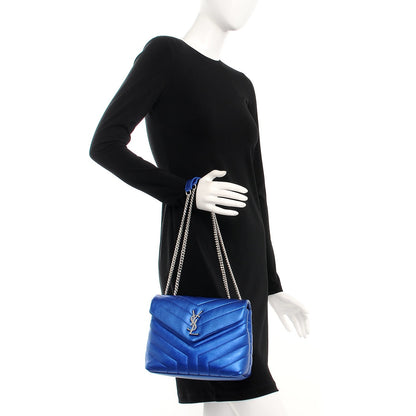 Saint Laurent Metallic Calfskin Y Quilted Monogram Small Loulou Chain Satchel Blue Royal 2 of 7
