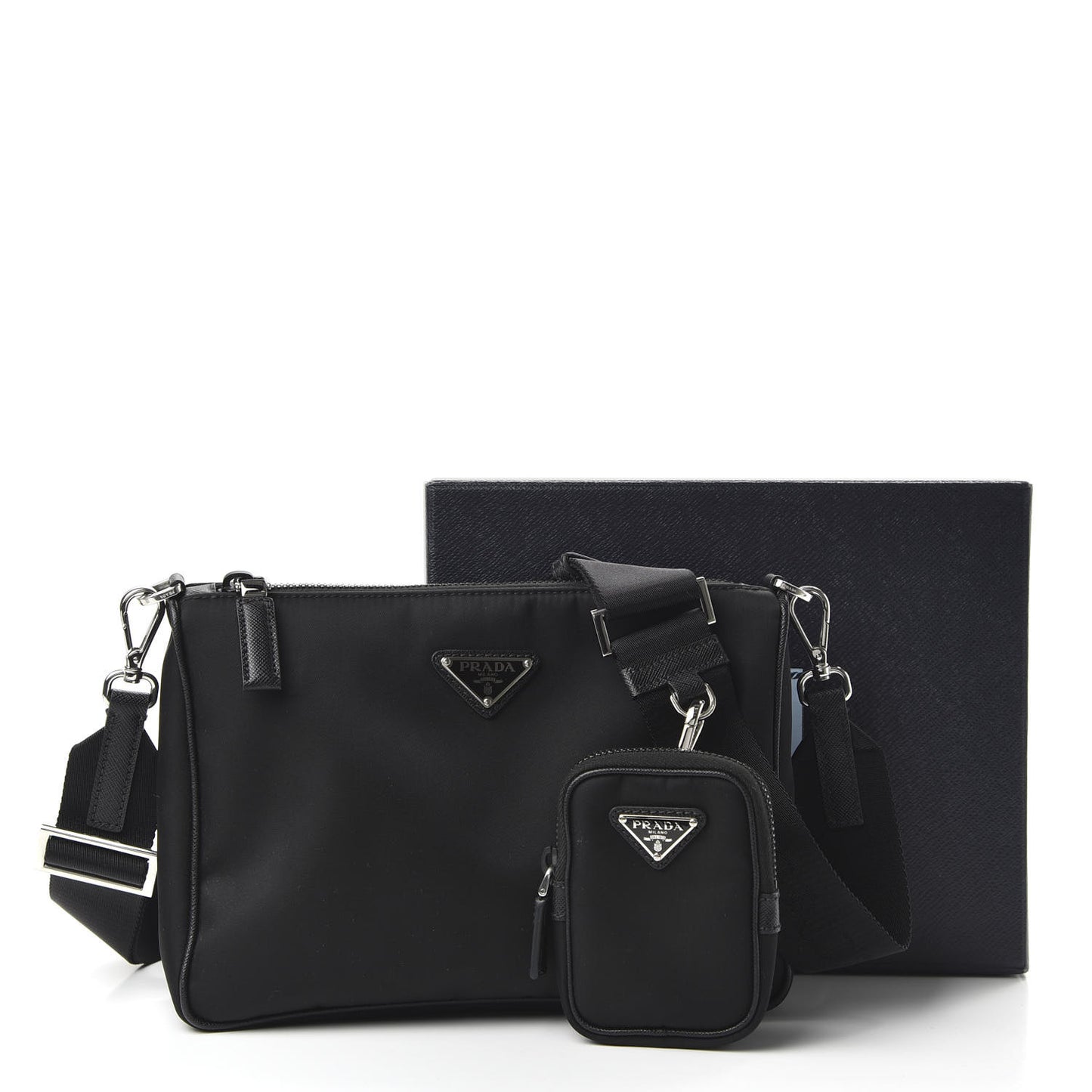 Tessuto Nylon Saffiano Pocket Zippered Shoulder Bag Black