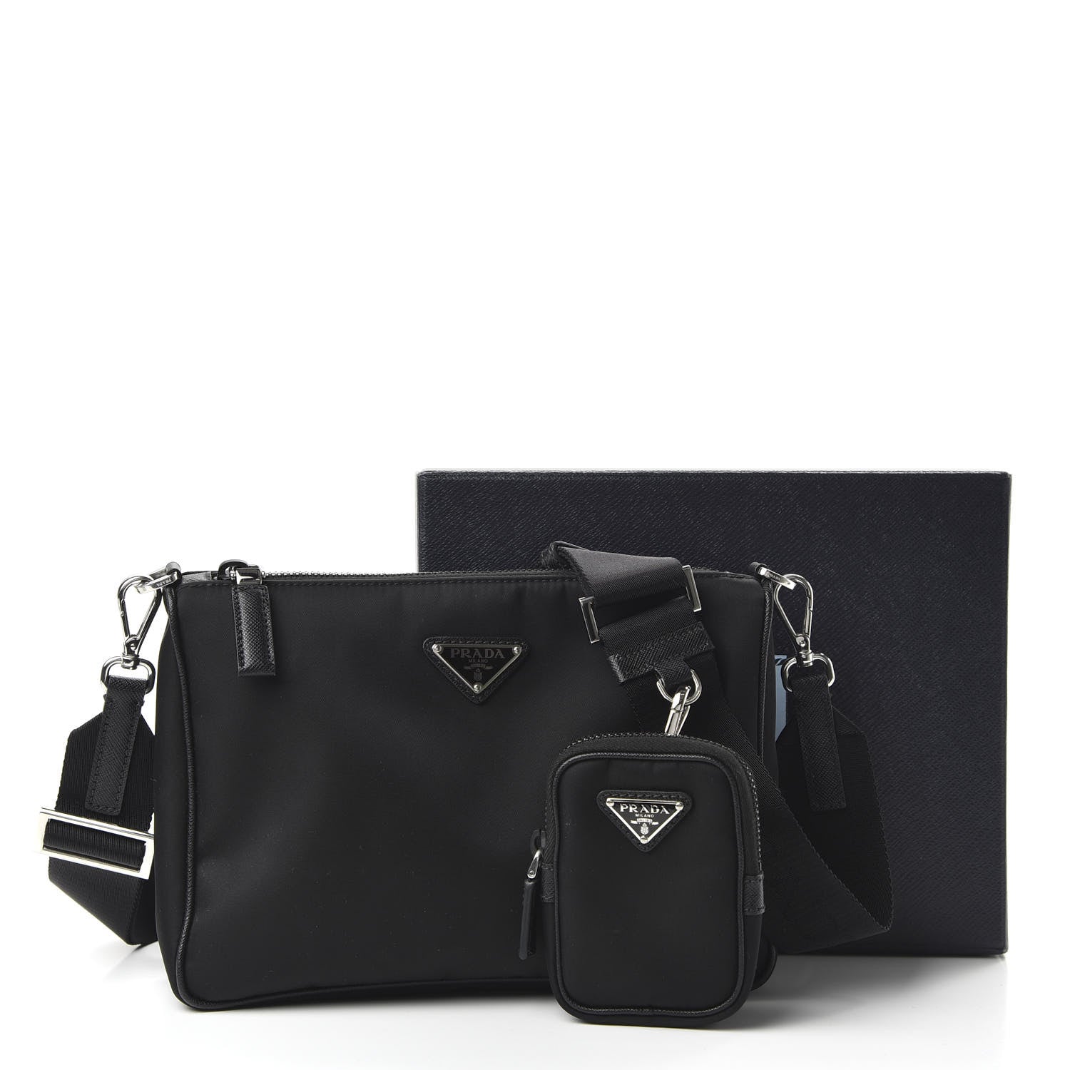 Prada Tessuto Nylon Saffiano Pocket Zippered Shoulder Bag Black 10 of 10