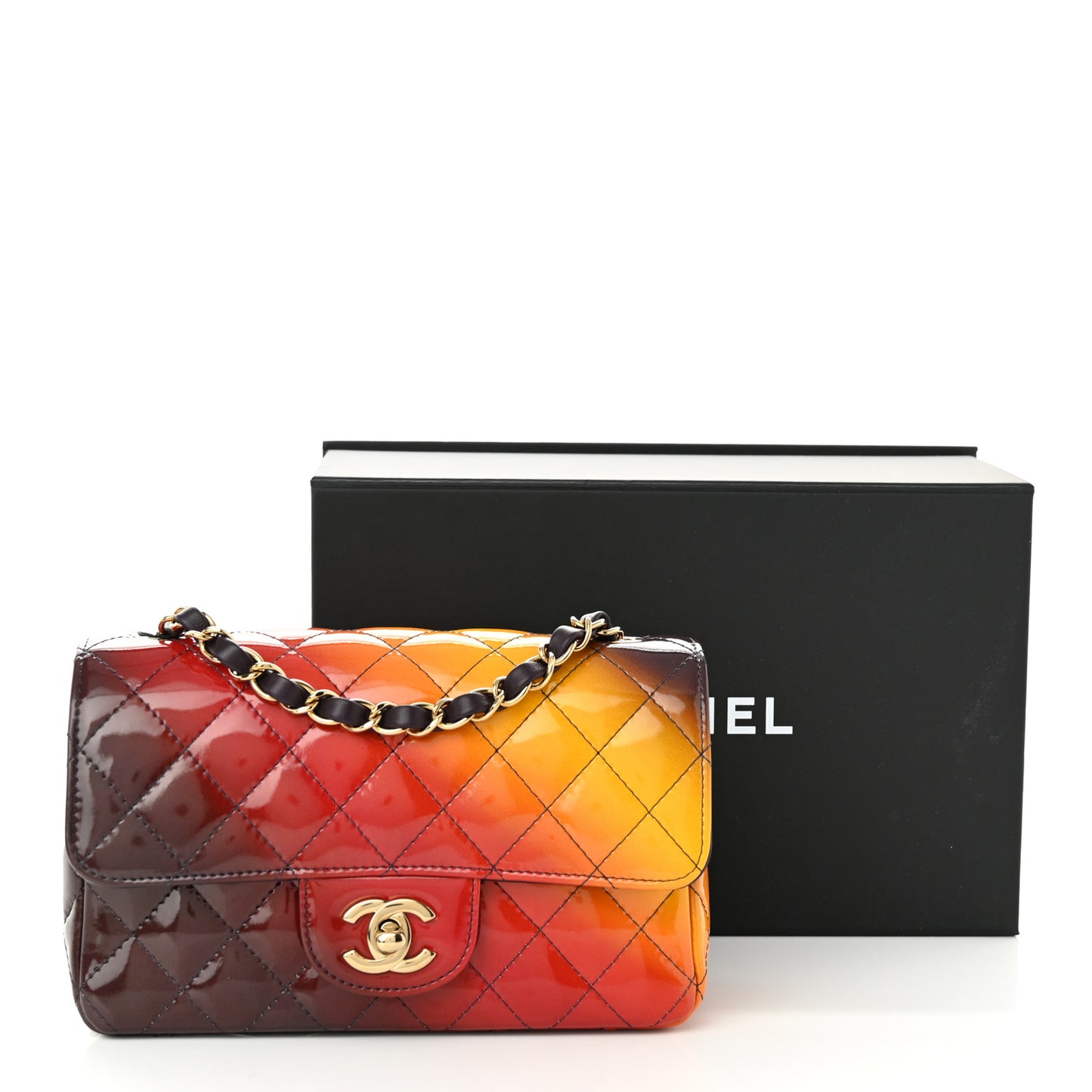 Shaded Patent Calfskin Quilted Mini Rectangular Flap Red Yellow Dark Purple