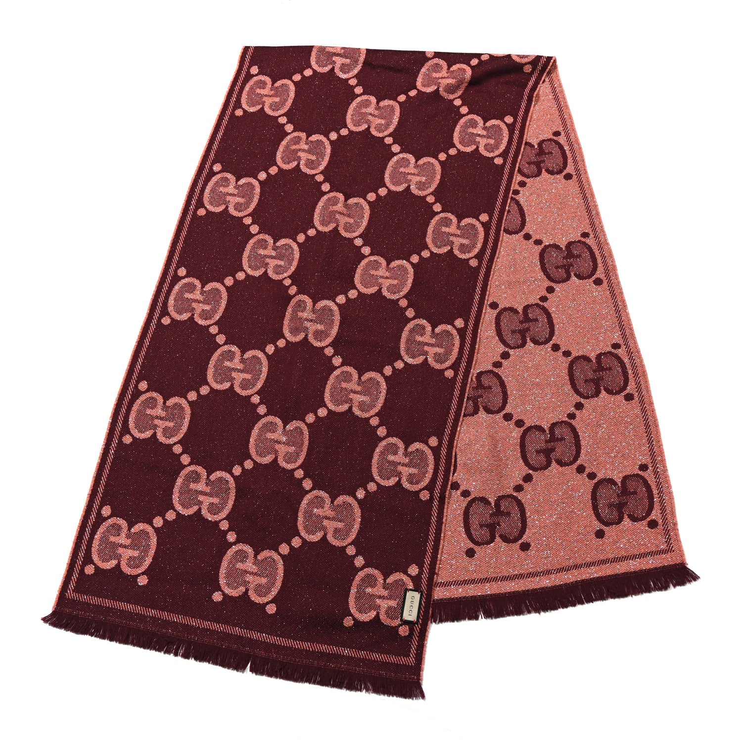 Gucci Wool Lame Jacquard Monogram Jumbo GG Lady Nest Lux Scarf Salmon Bordeaux 2 of 3