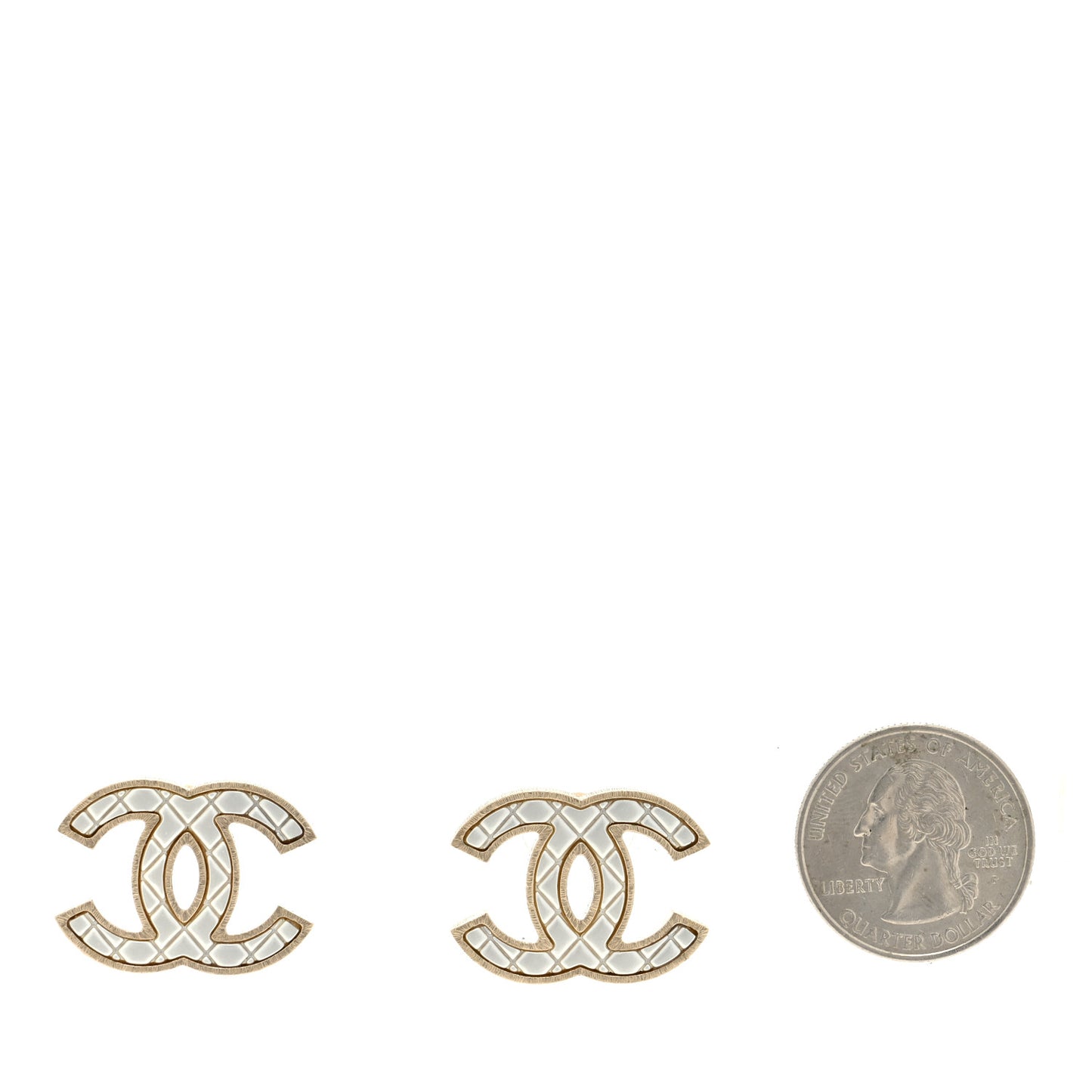 Metal Quilted CC Earrings Gold White