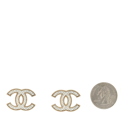 Chanel Metal Quilted CC Earrings Gold White 2 of 4