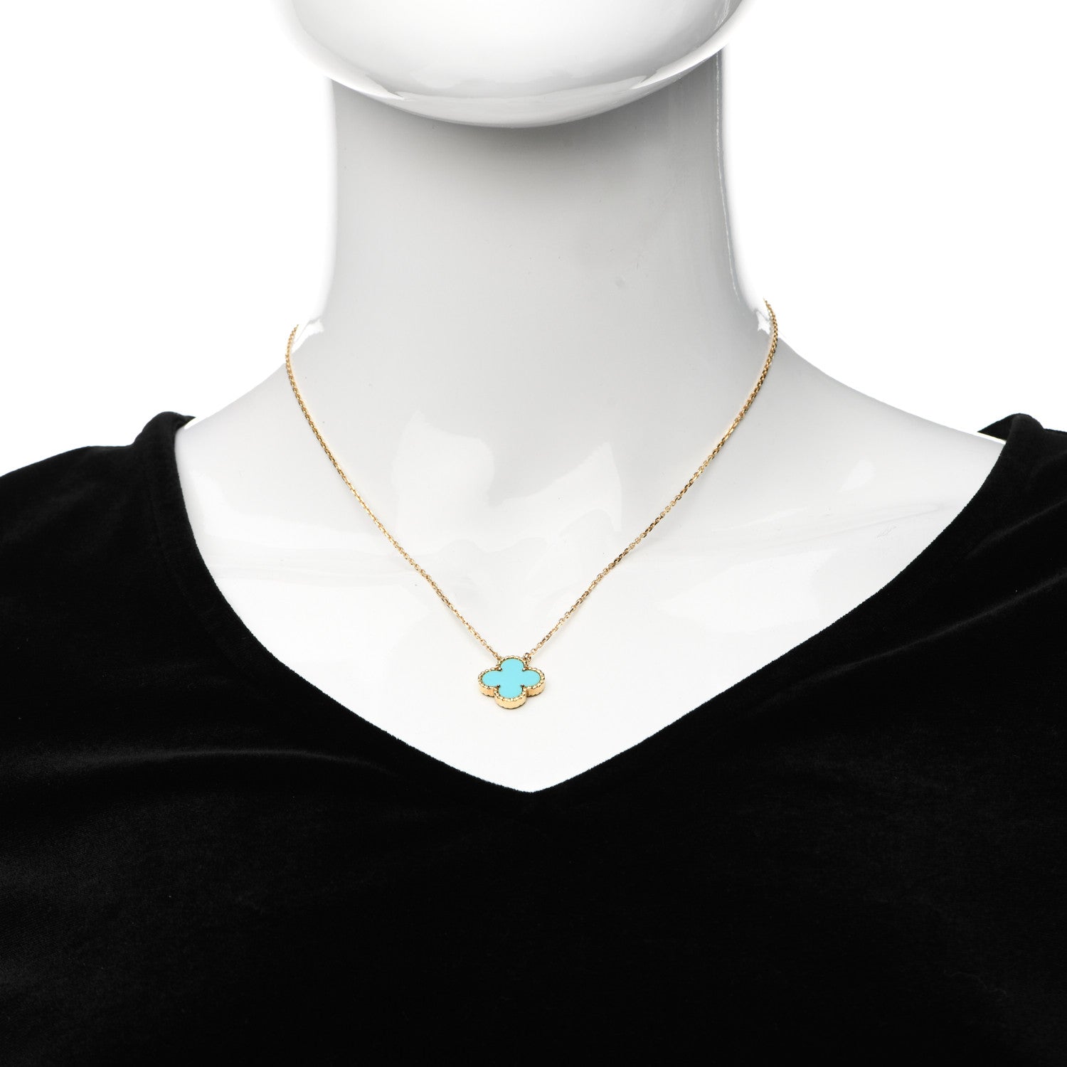 Van Cleef & Arpels 18K Yellow Gold Turquoise Vintage Alhambra Pendant Necklace 2 of 5