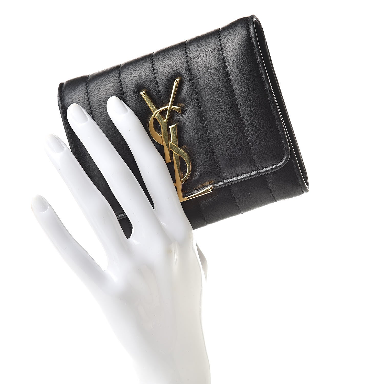 Saint Laurent Lambskin Matelasse Monogram Vicky Tri-Fold Wallet Black 2 of 10