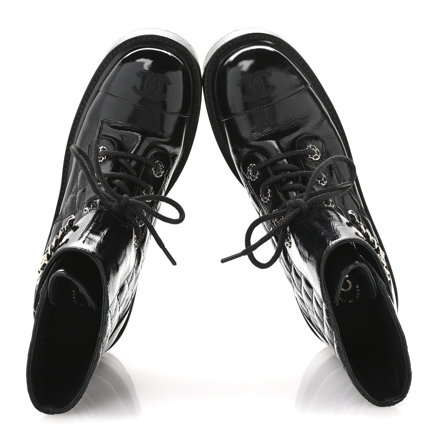 Chanel Shiny Calfskin Quilted Lace Up Combat Boots 38 Black 2 of 8