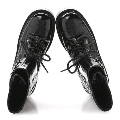 Chanel Shiny Calfskin Quilted Lace Up Combat Boots 38 Black 2 of 8
