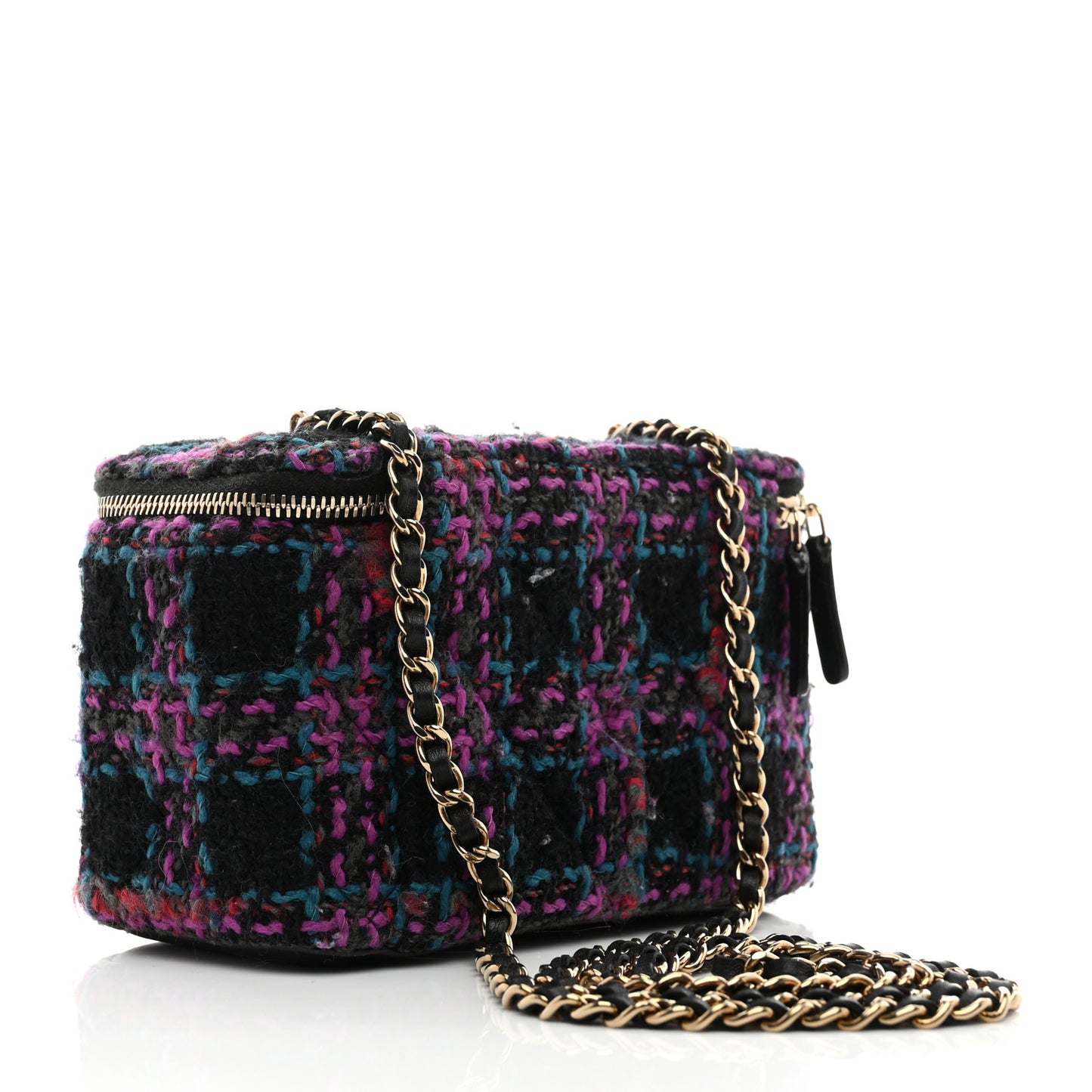 Tweed Quilted Small Vanity Case With Chain Black Purple Green Red