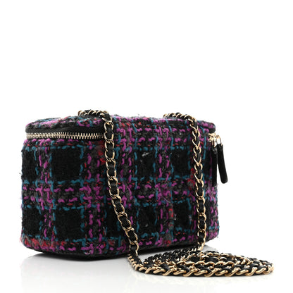 Chanel Tweed Quilted Small Vanity Case With Chain Black Purple Green Red 3 of 11