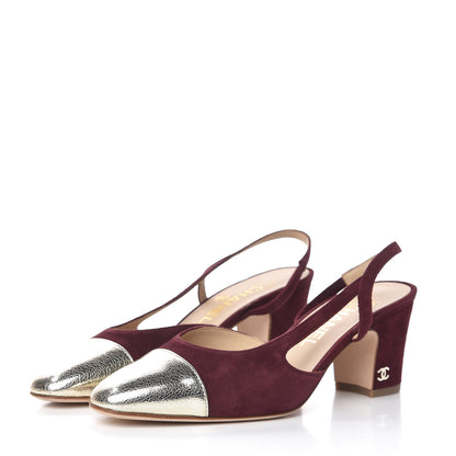 Chanel Kid Suede Metallic Lambskin Cap Toe CC Slingback Pumps 36.5 Burgundy Gold 3 of 9