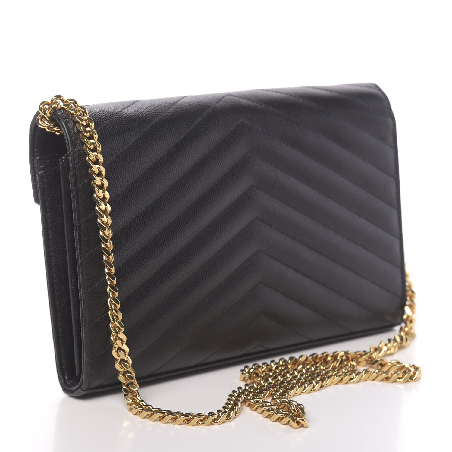 Saint Laurent Grain De Poudre Matelasse Chevron Monogram Chain Wallet Black 3 of 14