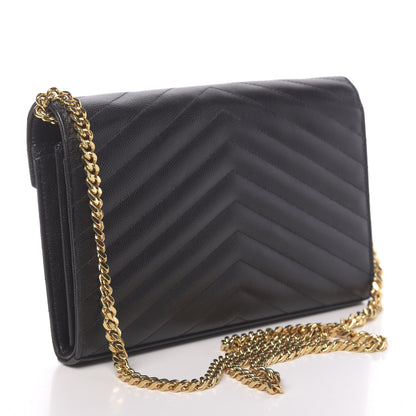 Saint Laurent Grain De Poudre Matelasse Chevron Monogram Chain Wallet Black 3 of 14