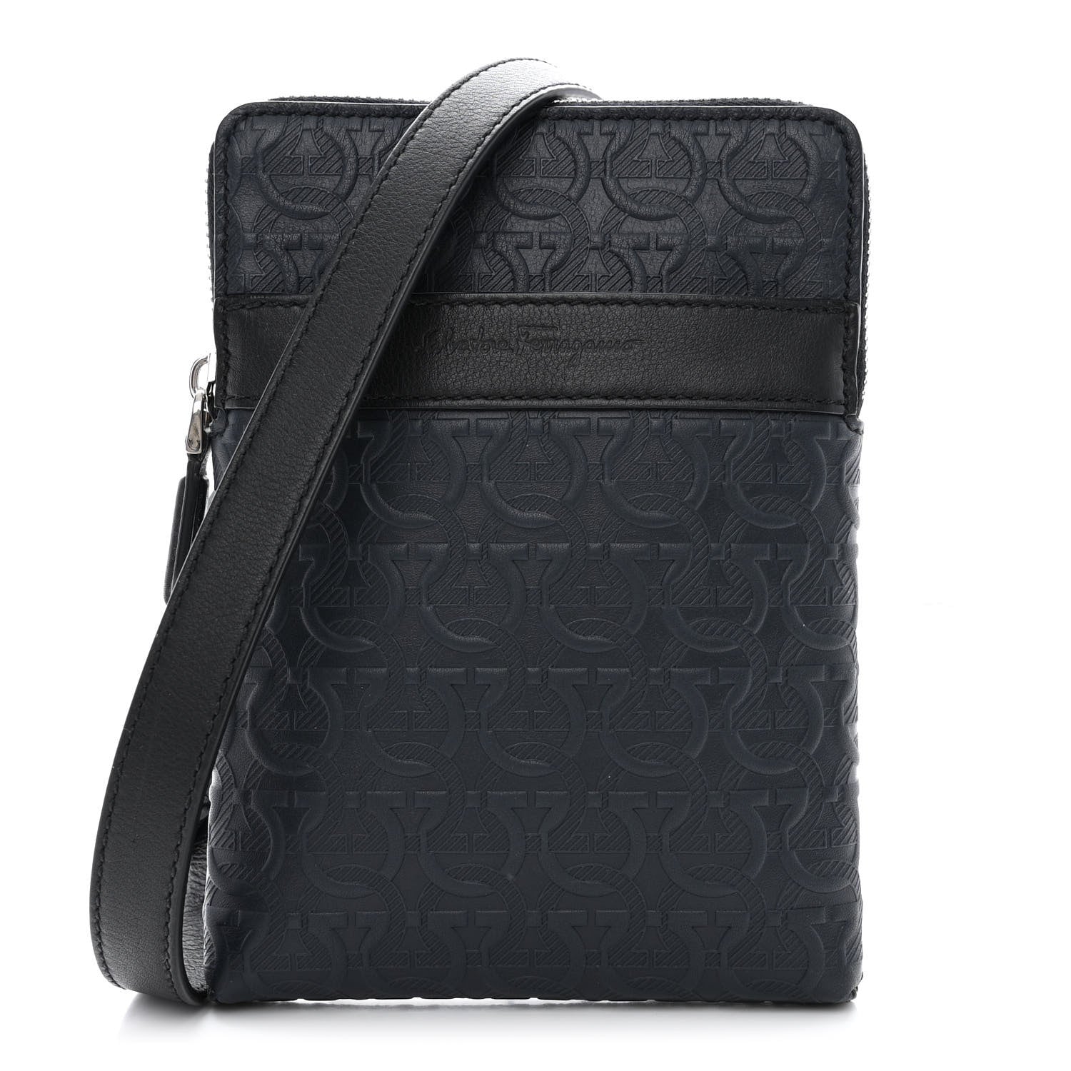 Salvatore Ferragamo Calfskin Gancini Embossed Travel Pouch Black 1 of 9