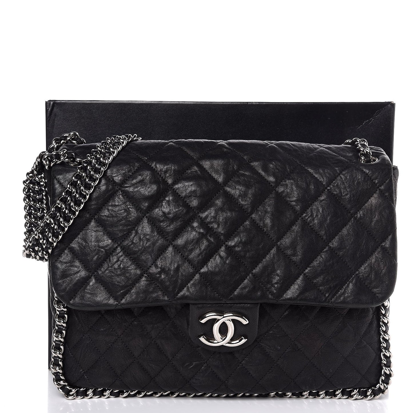 Washed Lambskin Quilted Maxi Chain Around Flap Black