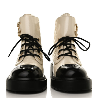 Chanel Shiny Calfskin Quilted Lace Up Combat Boots 38 Ivory Black 2 of 12