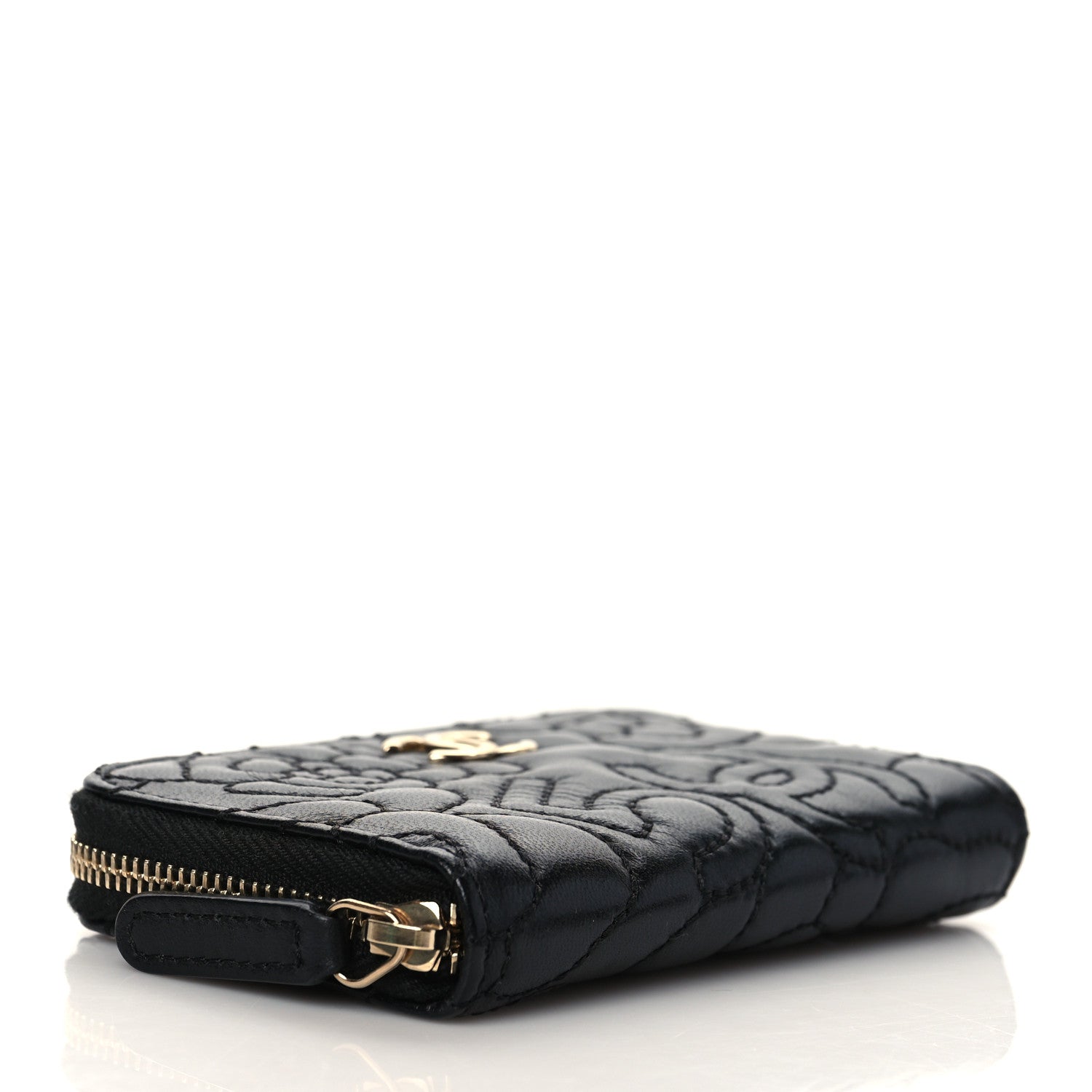 Chanel Lambskin Camellia Embossed Zip Coin Purse Black 4 of 9