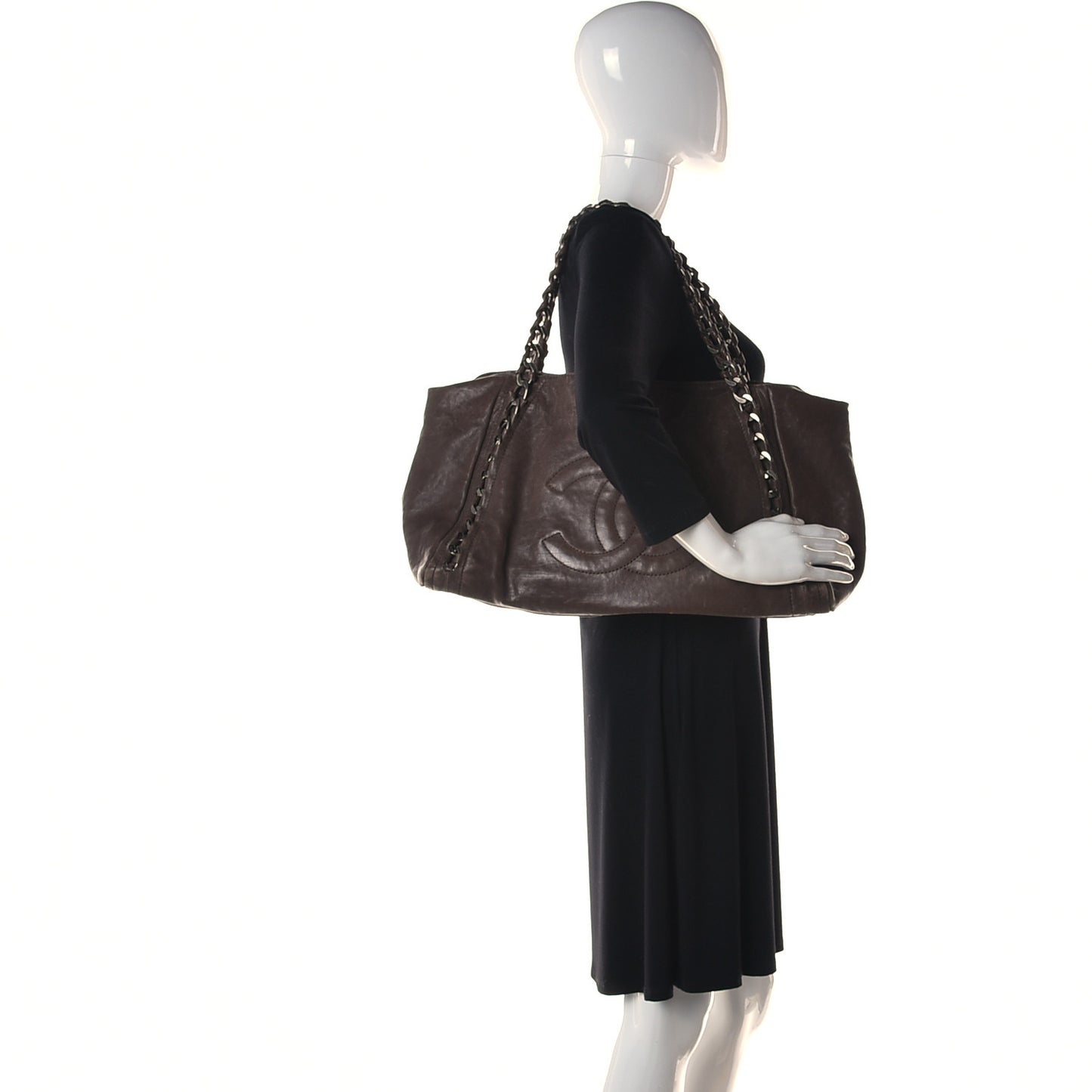 Calfskin East West Modern Chain Tote Dark Brown