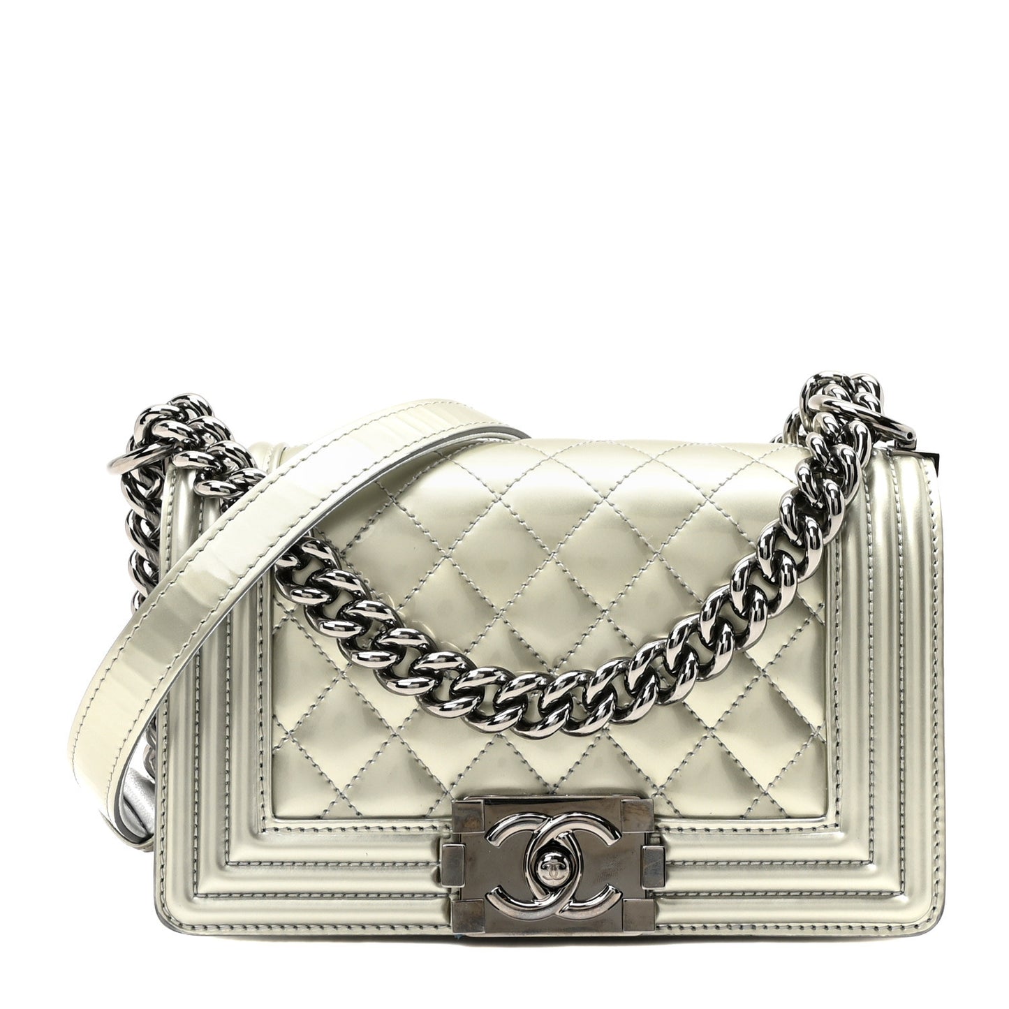 Metallic Patent Calfskin Quilted Small Boy Flap Silver