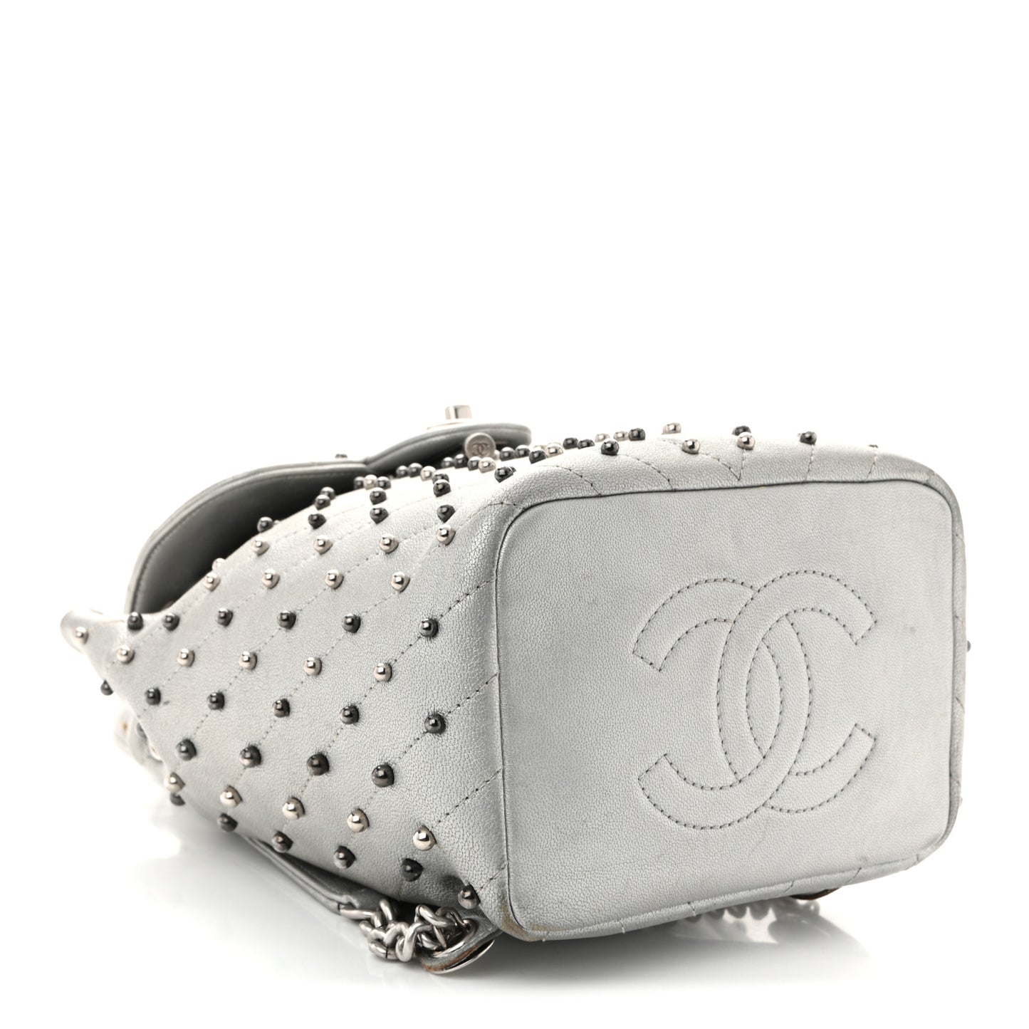 Metallic Lambskin Chevron Quilted Studded Stud Wars Backpack Silver