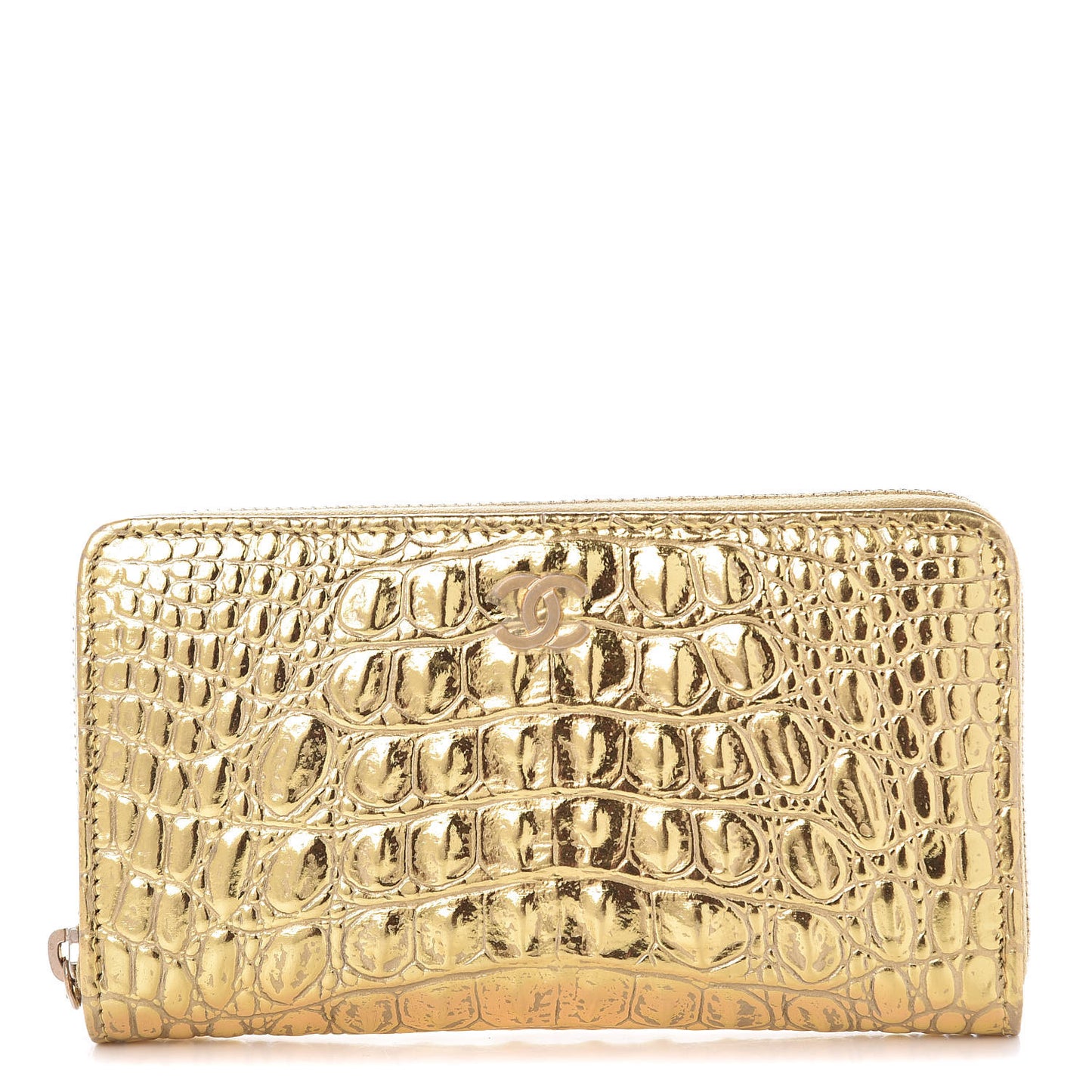 Metallic Calfskin Crocodile Embossed Small Zip Wallet Gold