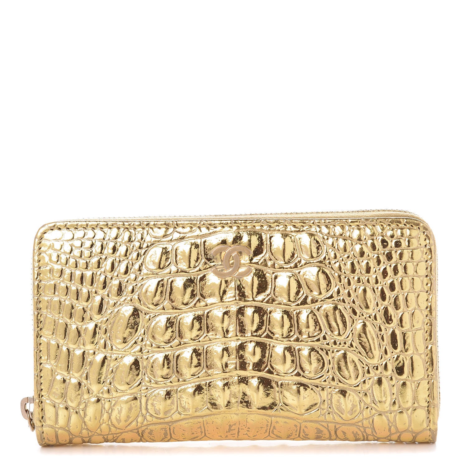 Chanel Metallic Calfskin Crocodile Embossed Small Zip Wallet Gold 1 of 9