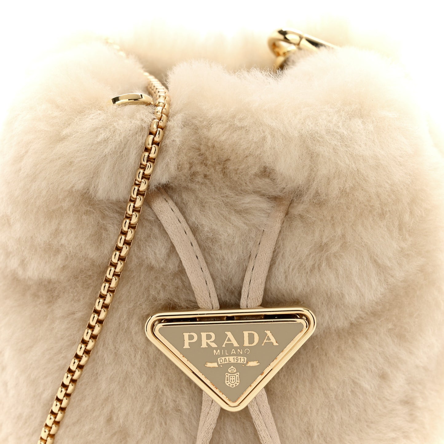 Shearling Metal Triangle Logo Mini Drawcord Pouch Shoulder Bag Ecru